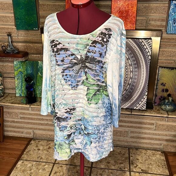 Cal Style USA Butterfly & Floral Print Tunic 3/4 Sleeve Size Large - Picture 2 of 12